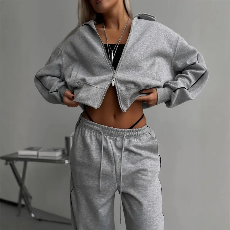 Casual Fashion Jacket European American Personality Suit Women's Cardigan Coat Sports Tether Trousers Two-piece Set High Street