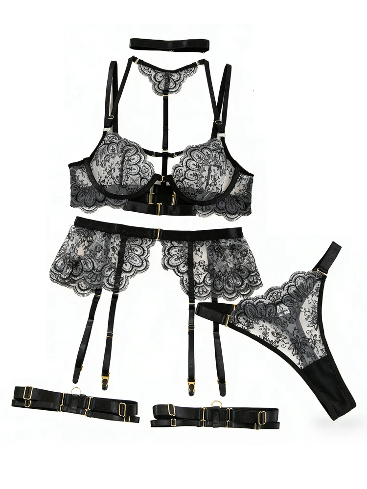 

Belamimi 2026 Women's Sexy See-Through Embroidered Eyelash Lace Body Shaping Lingerie Set Five-Piece Erotic Onlyfan Collection