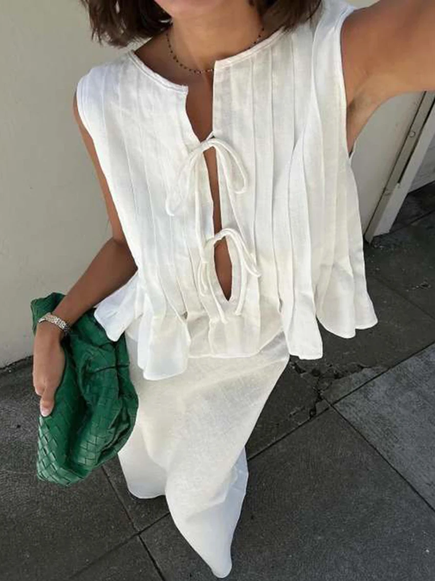 Marthaqiqi Cotton Ladies Sleepwear Set O-Neck Pajama Lace Up Nightwear Crop Top Nightgown Long Skirts Casual Female Nightie Suit