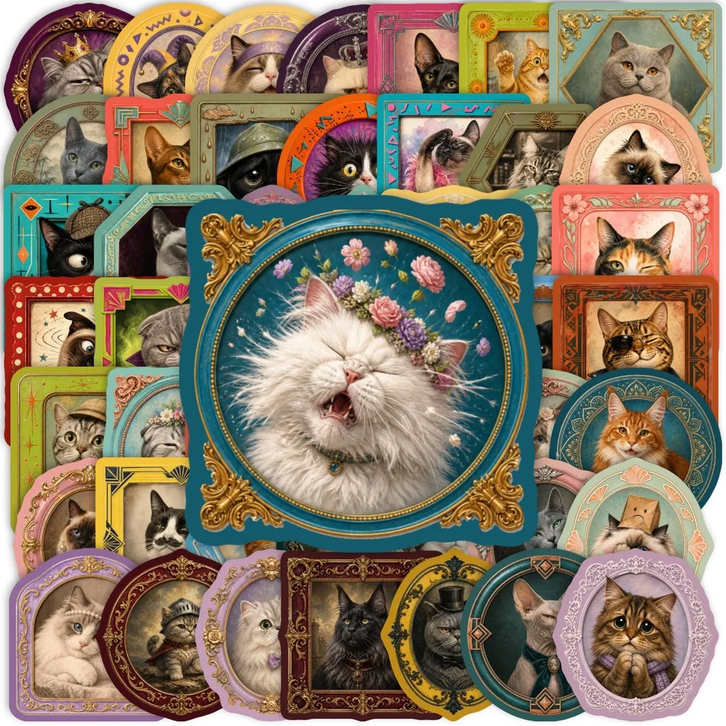 Retro Framed Feline Themed Sticker Pack 50 Sheets Cute Cat Graffiti Stickers Ideal for Scrapbook and Gadget Giajar Sticker Store