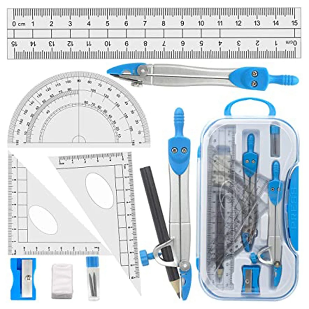 

Geometry Compass Set 10Pcs School Maths Protractor Set Rulers for Student Maths and Engineering in Carry Case, Blue