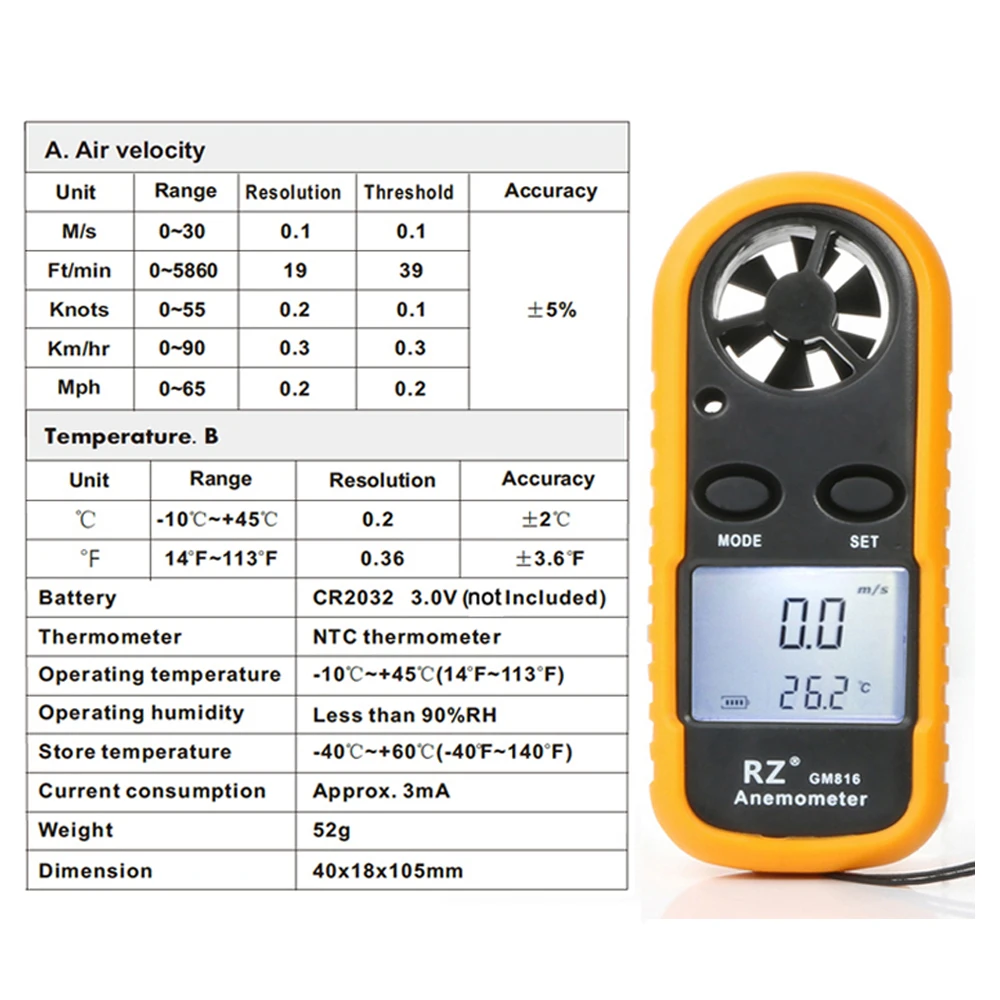 GM816 Anemometer Wind Speed Mini Air Velocity Airflow Temperature with Digital Anemometro LCD Backlight Wind Speed Meter 0-30m/S