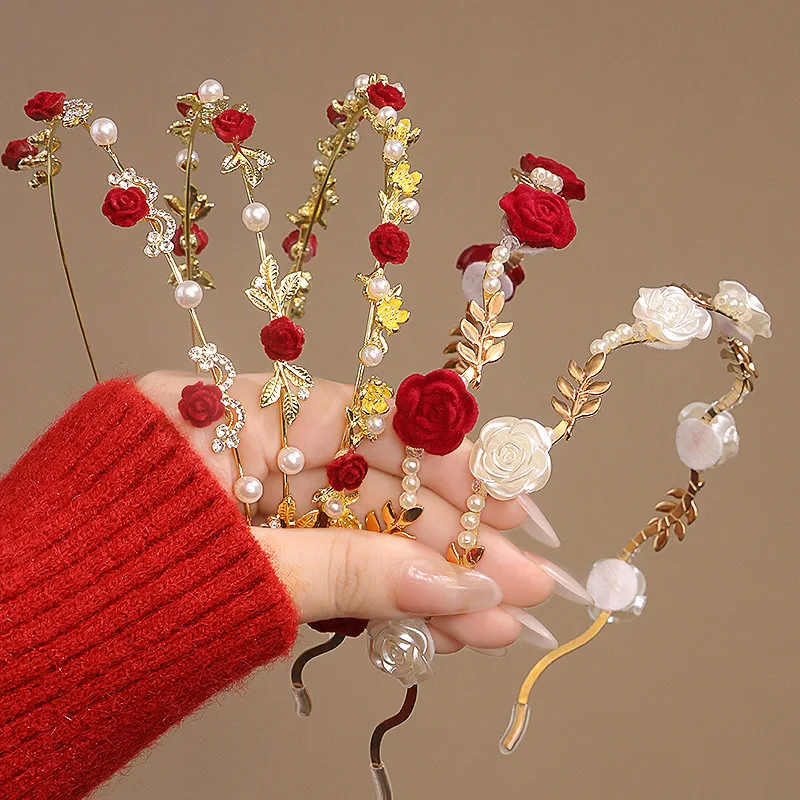 

Light luxury rose pressure hair headband fairy beauty pearl flower thin headband flocked cheongsam bridal headdress