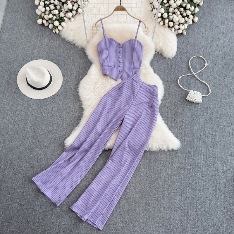 

Women Summer Striped Loose High Waist Drapey Crop Top And Straight Leg Pants Fashion Temperament Commute Two Piece Set