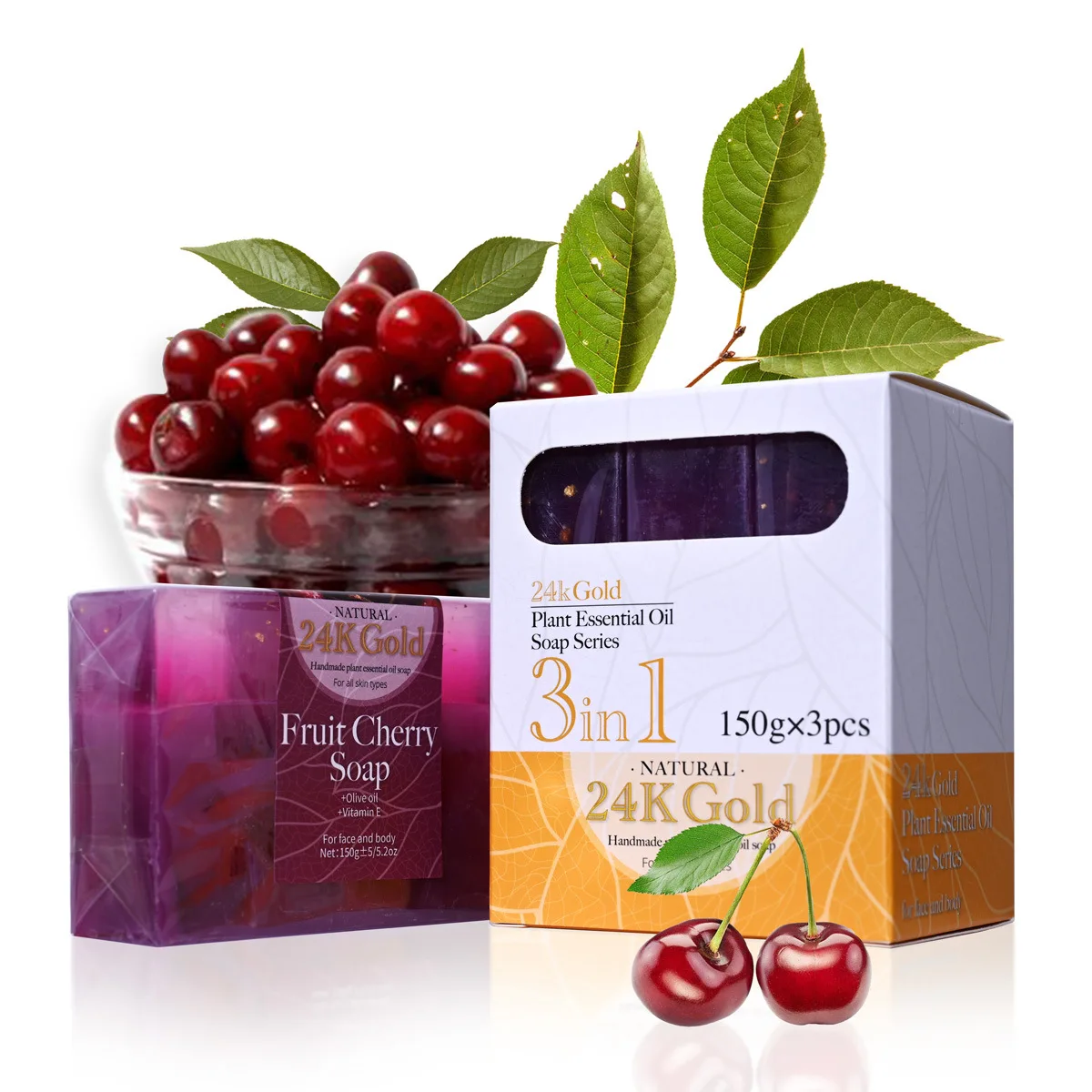 24K Gold Soap Cherry Fruit Soap 150g Handmade Essential Oil Soap Cleansing Bath Deep Cleansing Nourishing Skin Skincare