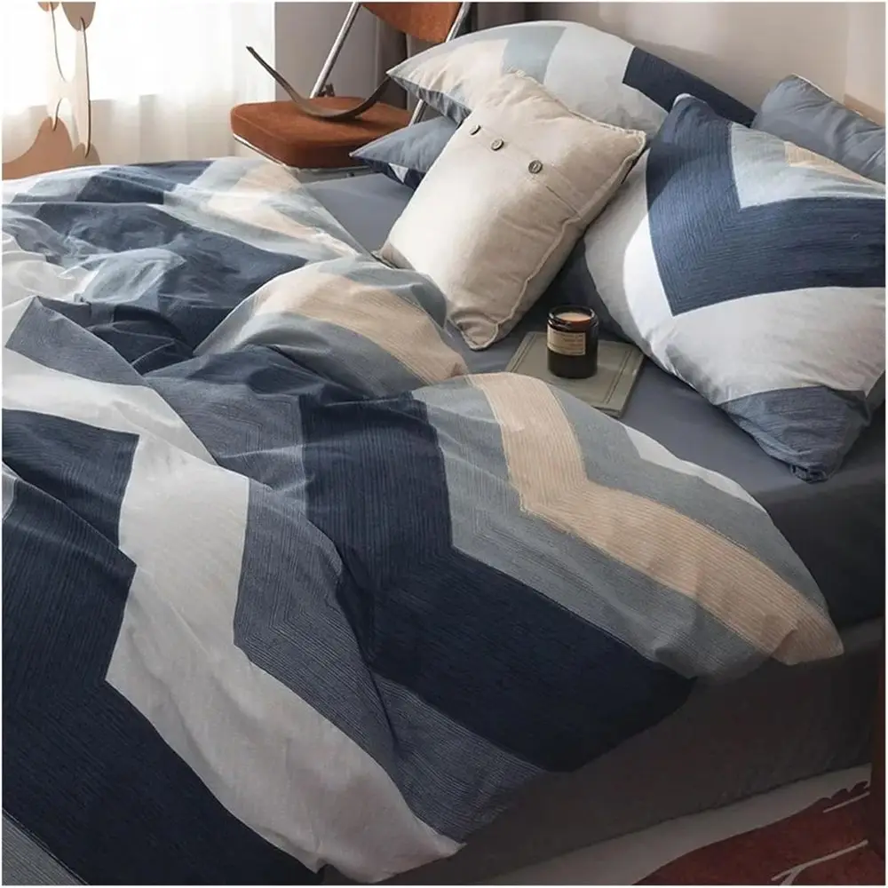 

King Duvet Cover, ern Home Bedding Set, Cotton abric, Stripes, 4 Piece Set Includes Matching Pillow Shams,Bed Sheets, Queen, H-7
