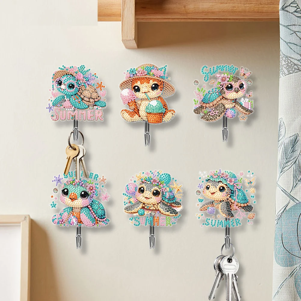6Pcs Acrylic Animal Plants Rhinestone Painting Keychain Hanger Diamond Art Craft Wall Hooks for Home Office Decor