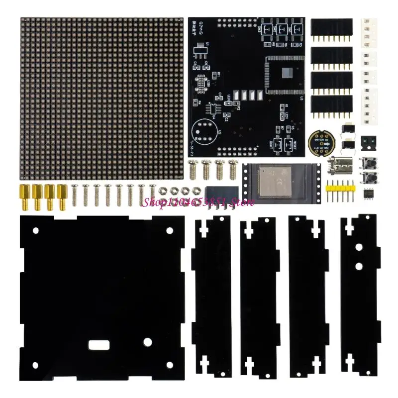 DIY LED Display Kit with Separate Electronic and Enclosure Components, a 32 x 32 Panel, and Sound-Responsive Animated Lighting