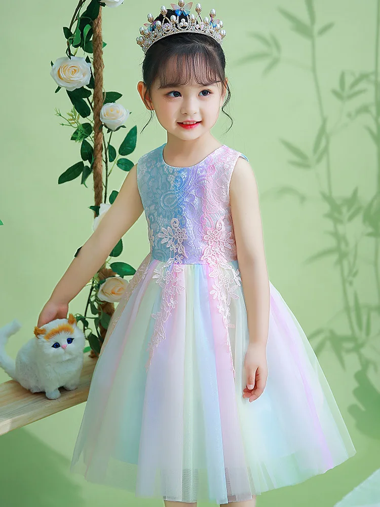 Girls Rainbow Dress Little Girl Stylish Puffy Tulle Princess Dress Little Girl Flower Girl Dress In Stock
