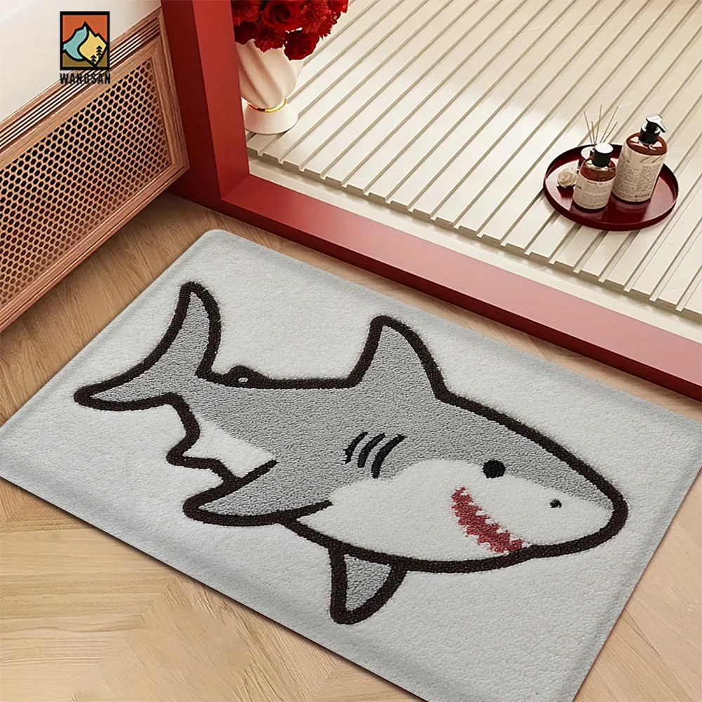1pc 2D Flat Cute Cartoon Shark Outline Flannel Bath Mat Non Slip Kawaii Ocean Animal Rug for Kids Bathroom Shower Floor Decor