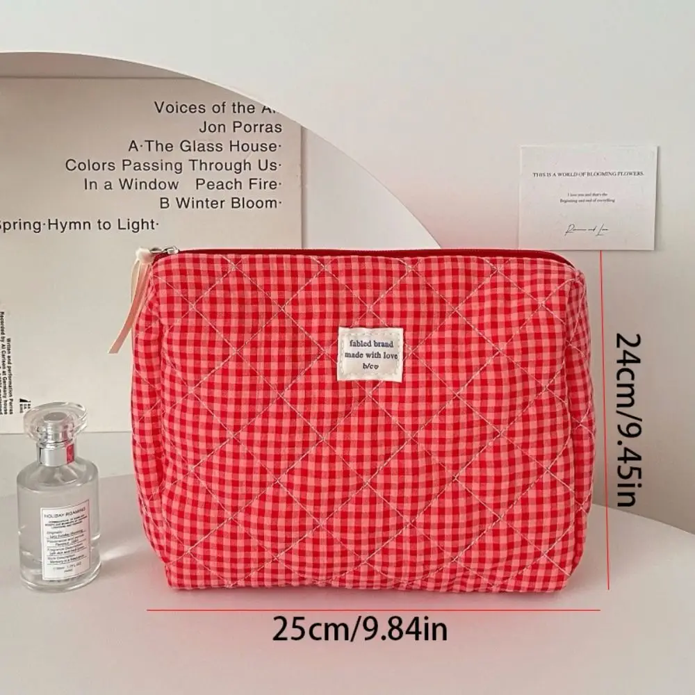 Raspberry Lattice Canvas Cosmetic Bags Cute Simple Portable Large Capacity Makeup Pouch Travel Organizer Storage Handbag