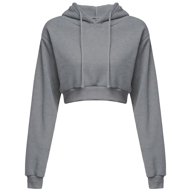 Fashion Womens Sexy Casual Long Sleeve Hooded Short Sweatshirt Plain Crop Tops Pullover Hooded Sweatshirt