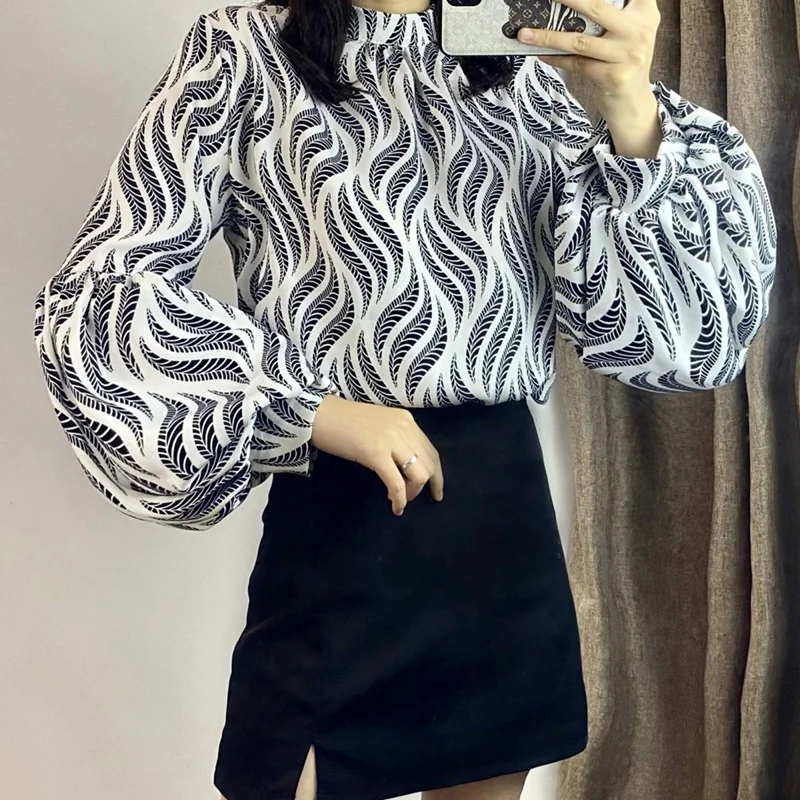 Vintage Printed Chiffon Striped Lantern Sleeve Blouses Women Clothing 2022 New All-match Casual Tops Autumn Office Lady Shirt