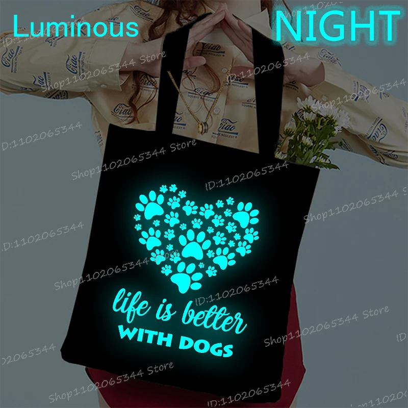 

Life Is Better with Dogs Print Tote Bag Casual Canvas Shoulder Bags for Women Men Luminous Style Shopping Daily Handbags Gifts