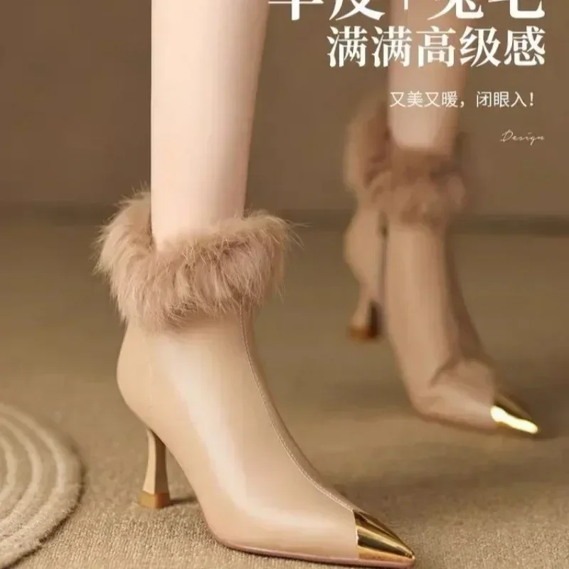 Women Sexy Plush High Heels Chelsea Ankle Boots Luxury Pointed Toe Zipper Shoes 2024 Winter Fashion Gladiator Pumps Botas