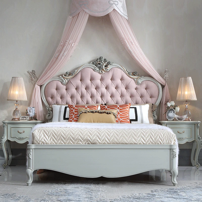 French 1.5m pink princess bed beech master bedroom double bed European flocking bed