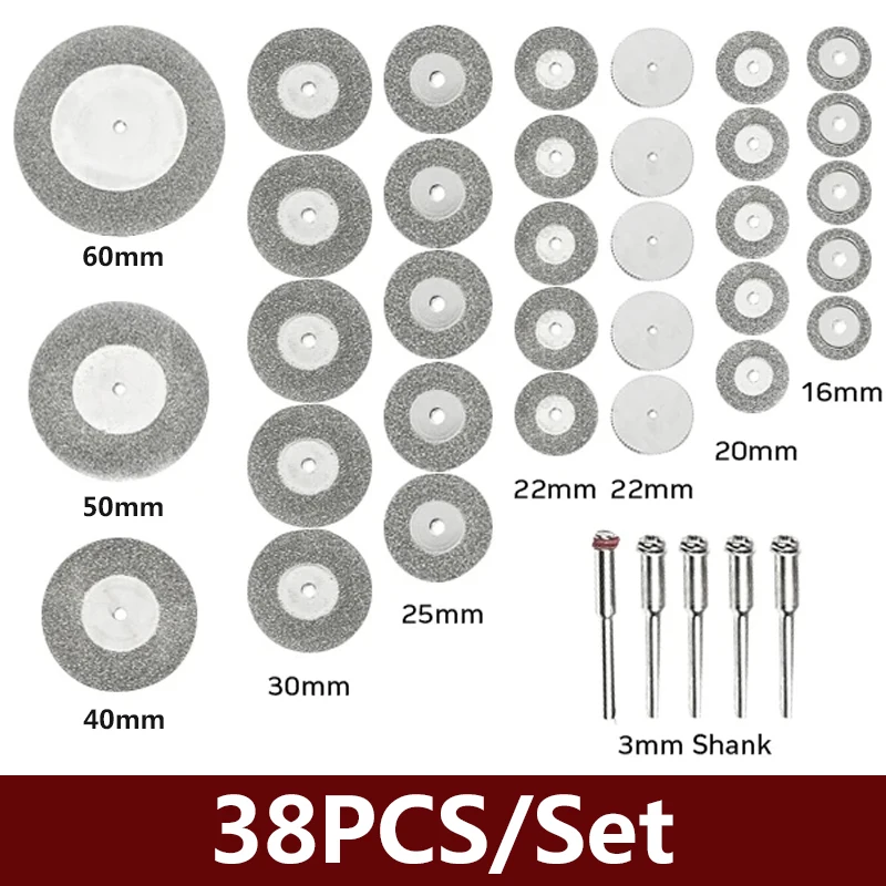 

38PCS/Set Diamond Cutting Wheel Sawing Bladings with 60/50/40/30/25/22/20/16mm Cut Cutter Discs for Rotary Tool Accessories