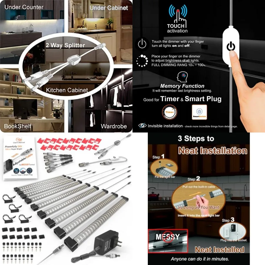 

Under Counter Lights Touch LED Under Cabinet Lighting Built-in 18" Adjustable Cable, Splitter and 3 External Cable, 9 Pcs 3150L