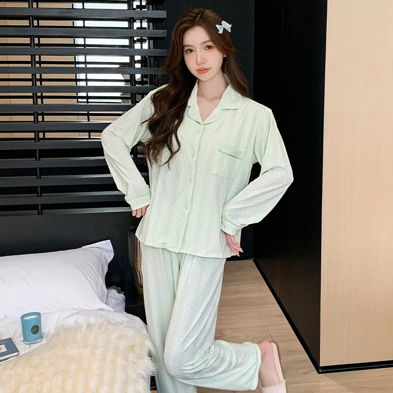 

Sexy Pajama Woman Sets Collar Detail Twill Woven Nightwear Structured Professional Design Long Sleeve Full Length Pants Autumn