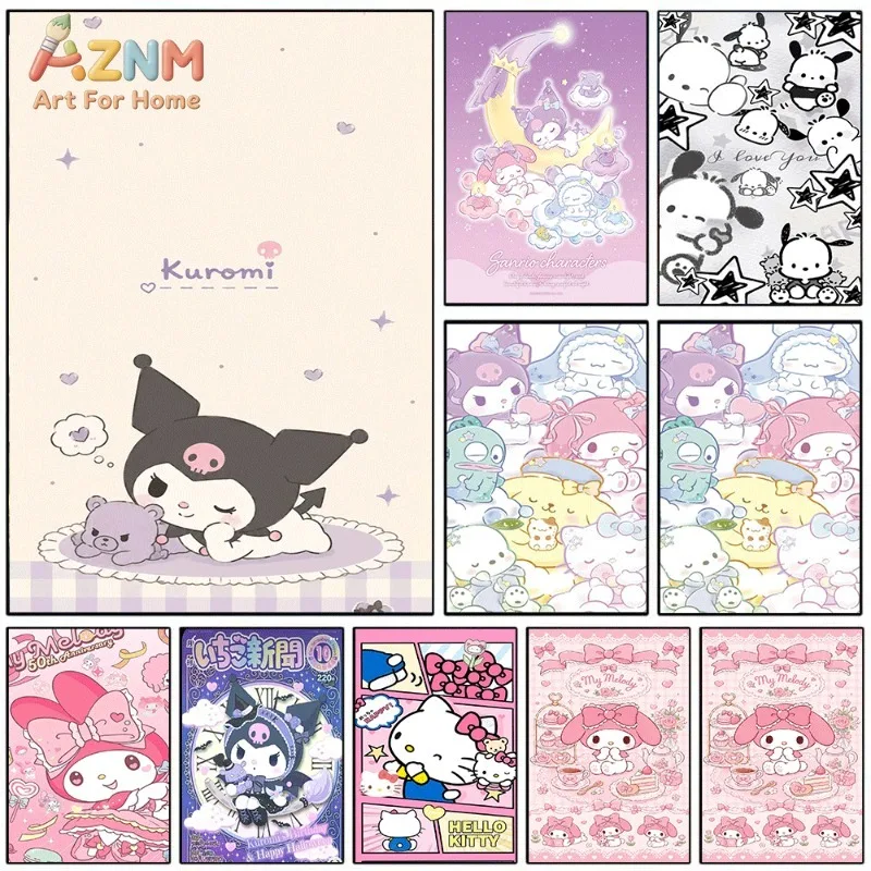 Kuromi Hello Kitty My Melody Canvas Poster Cute Sanrio Cartoon Print Unframed Canvas Art Soft Pastel Aesthetic Wall Decor Gift