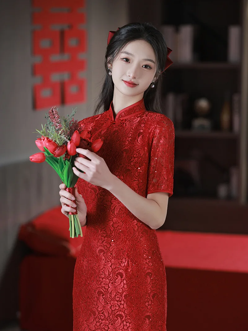 Fzslcyiyi verão manga curta bordado chiffon vermelho casamento qipao chinês tradicional mandarim colar cheongsam vestidos femininos