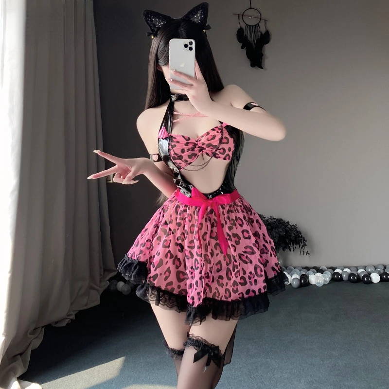 Sexy Wild Cat Leopard Uniform Cosplay Costume Lace Leather Hollow See Through Dress Cat Girl Role Play Outfits Underwear