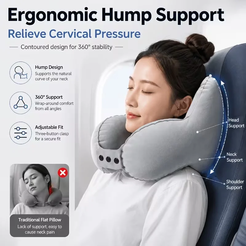 New Inflatable U-Shaped Portable Travel Pillow, Ideal For Sleeping On Long-Haul Flights High-Speed Trains, Prevents Strain And