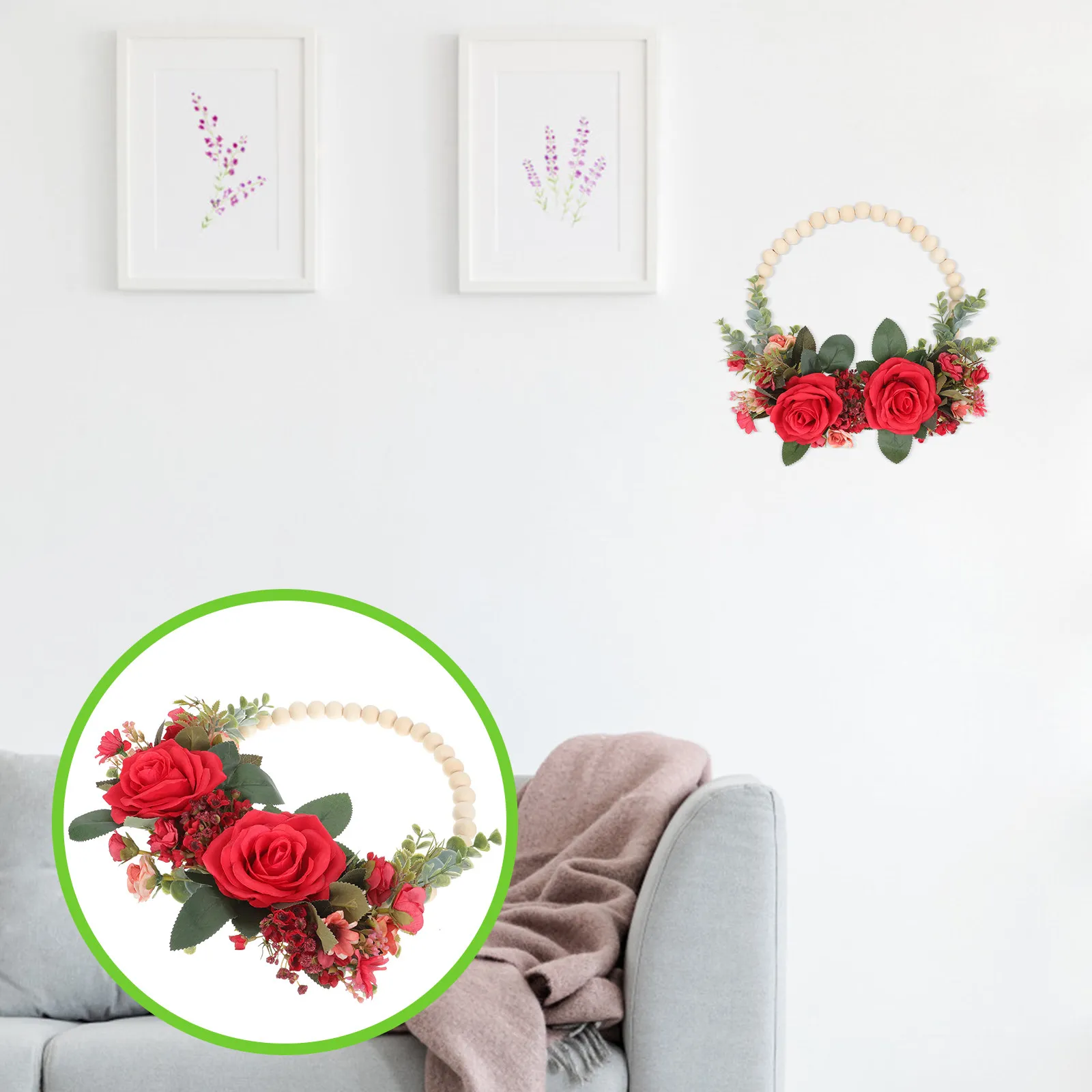 

Simulation Wood Bead Rose Wreath Premium Quality Realistic Front Door Hanging Ornament Outdoor Spring Festival Decor
