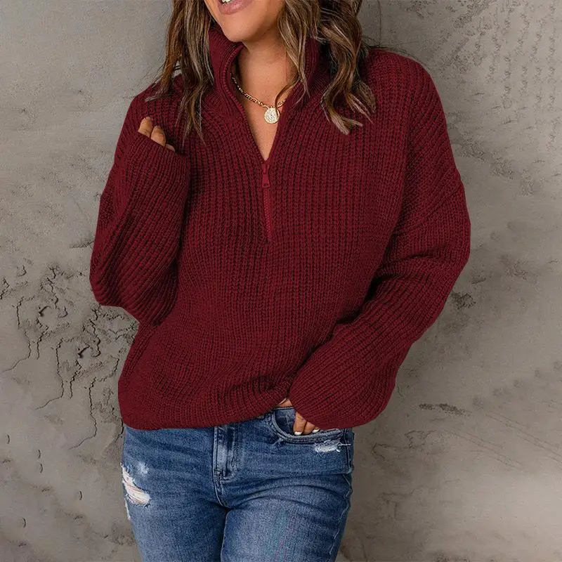 2023 New Autumn and Winter Fashion Simple Zipper High Neck Regular Sweater Temperament Commuter Loose Women's Casual Sweater