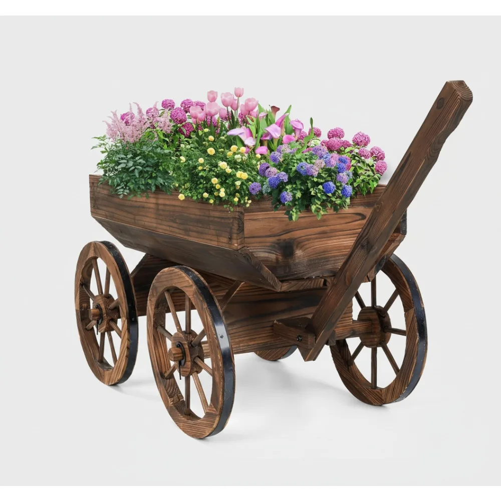 

Rustic Wooden Flower Cart with Wheels - Outdoor Garden Planter for Balcony Patio Decor, Easy Move Plant Holder