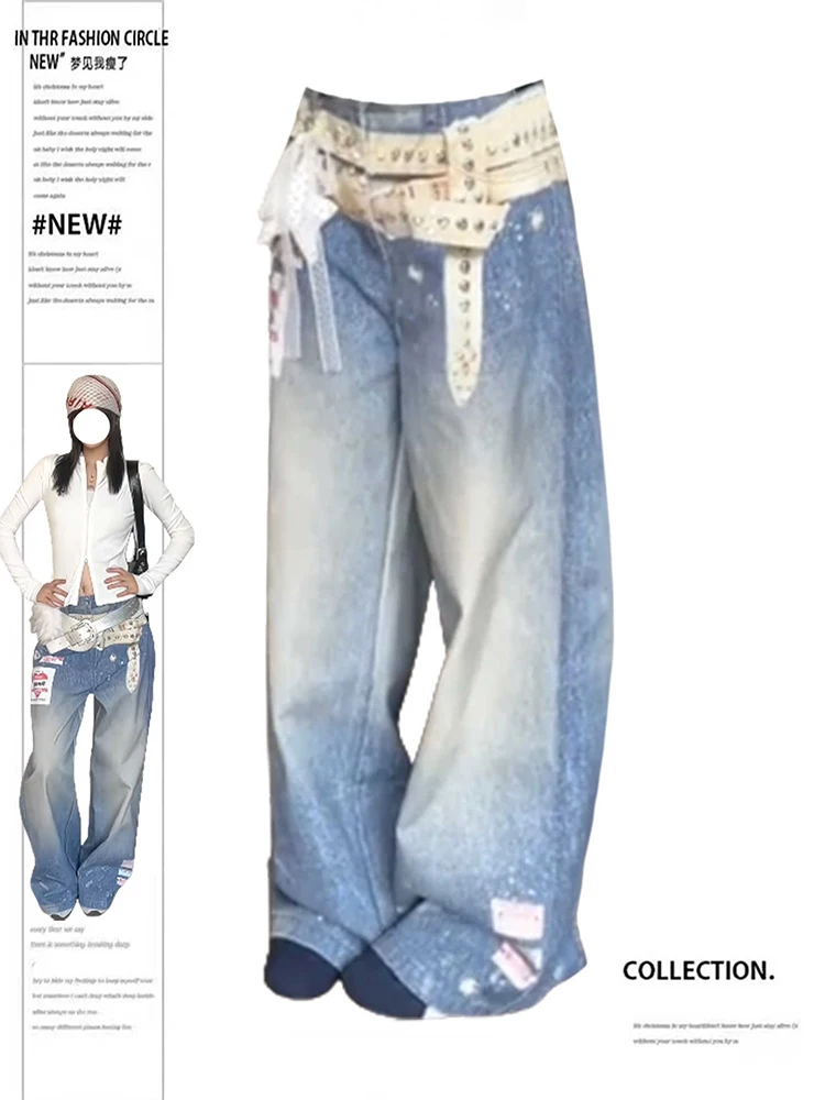 

Women's Baggy Jeans Y2k Japanese Streetwear Tide 2000s Print Hip-pop American Retro Men Denim Pants Wide Fit Long Trousers New