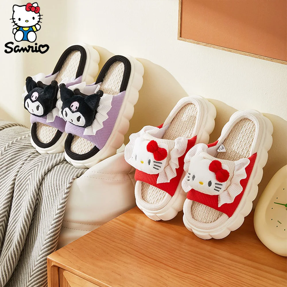 Sanrio Slippers EVA Cinnamoroll Cute Home Slippers Hello Kitty Kuromi Thick Linen Slippers Women Comfortable Breathable non-slip