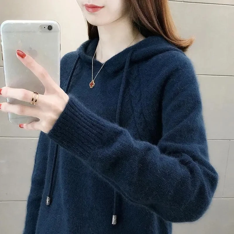 Korean Autumn Winter Women Knitwear New Add Velvet/No Velvet Female Pullover Loose Hooded Sweater Femme Pullovers Knitting Coats