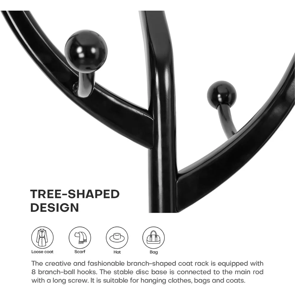 رف معطف قوي قائم بذاته على شكل شجرة مع خطافات وقاعدة مستديرة صلبة، بطول 74 بوصة