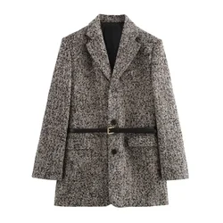 Tangada 2024 Autumn Winter Women Tweed Blazer With Belt Overcoat Pocket Long Sleeve Female Coat QD0195