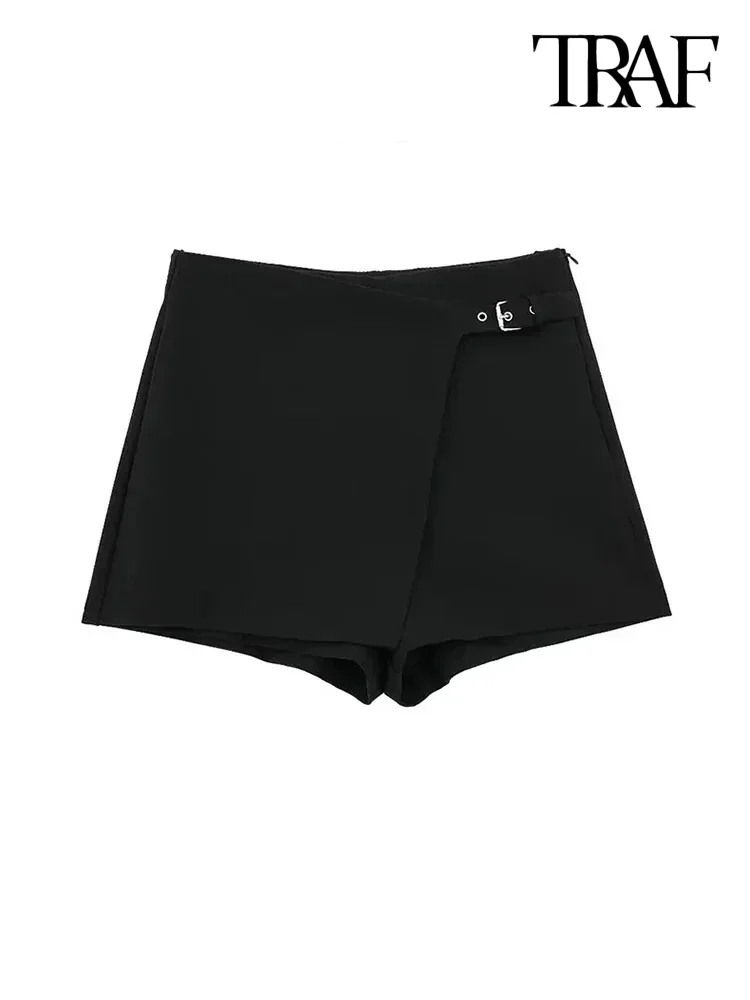 TRAF-Asymmetric Shorts Skirts with Tab for Women, High Waist, Side Zipper, Female Skort, Fashion