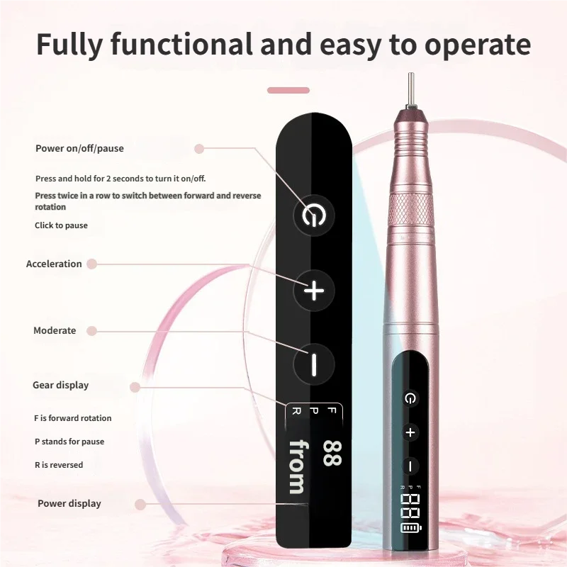 جهاز حفر وتلميع الأظافر اللاسلكي بسرعة 35000 دورة في الدقيقة قلم مبرد الأظافر قابل لإعادة الشحن أداة محمولة للعناية بالأظافر للاستخدام المنزلي