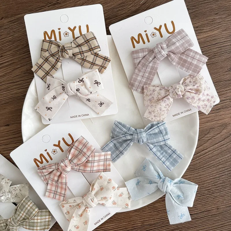 2 szt./zestaw Koreańskie słodkie spinki do włosów dla dzieci z kwiatowym motywem, materiałowa kokarda, wzór w kratę, wsuwka do włosów, antypoślizgowa spinka do grzywki, uniwersalna spinka do włosów