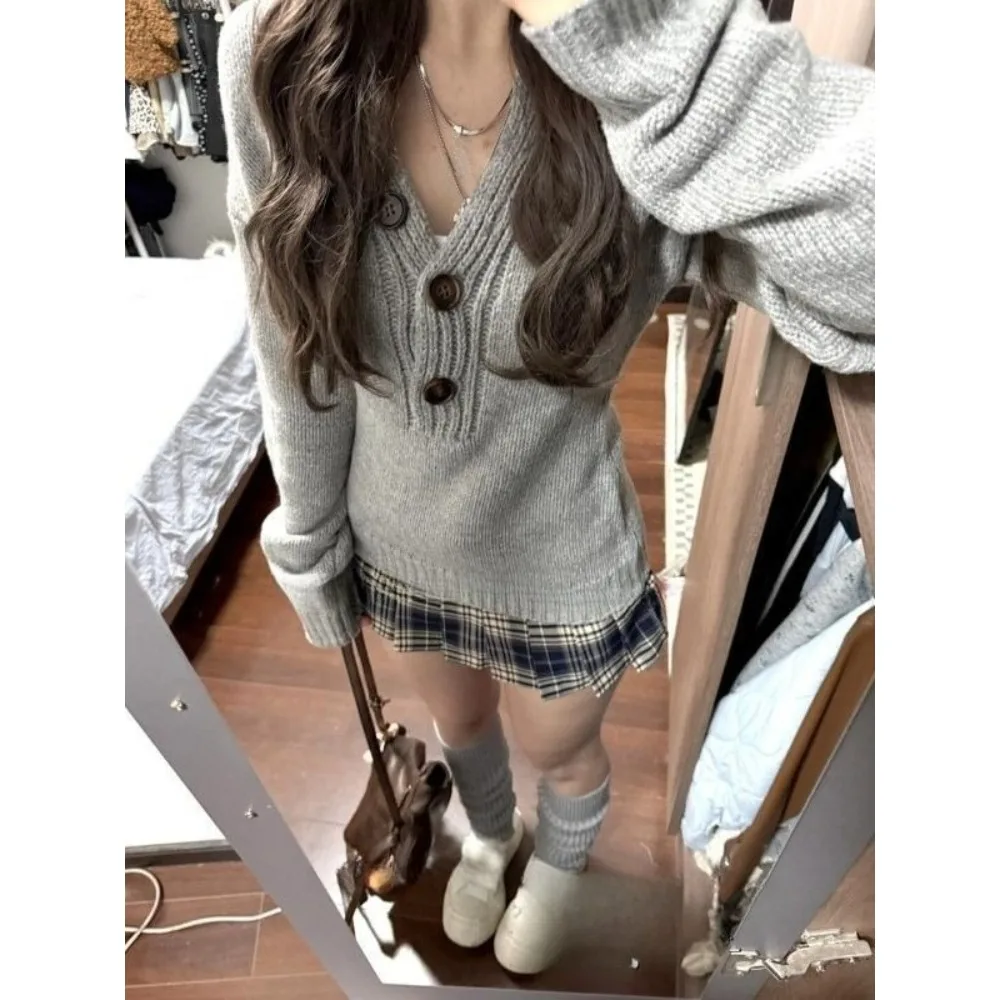 Otoño elegante suéteres de punto Slim Fit de manga larga mujeres Casual jerseys Vintage Color gris Corea lindo estilo Kawaii Jumper