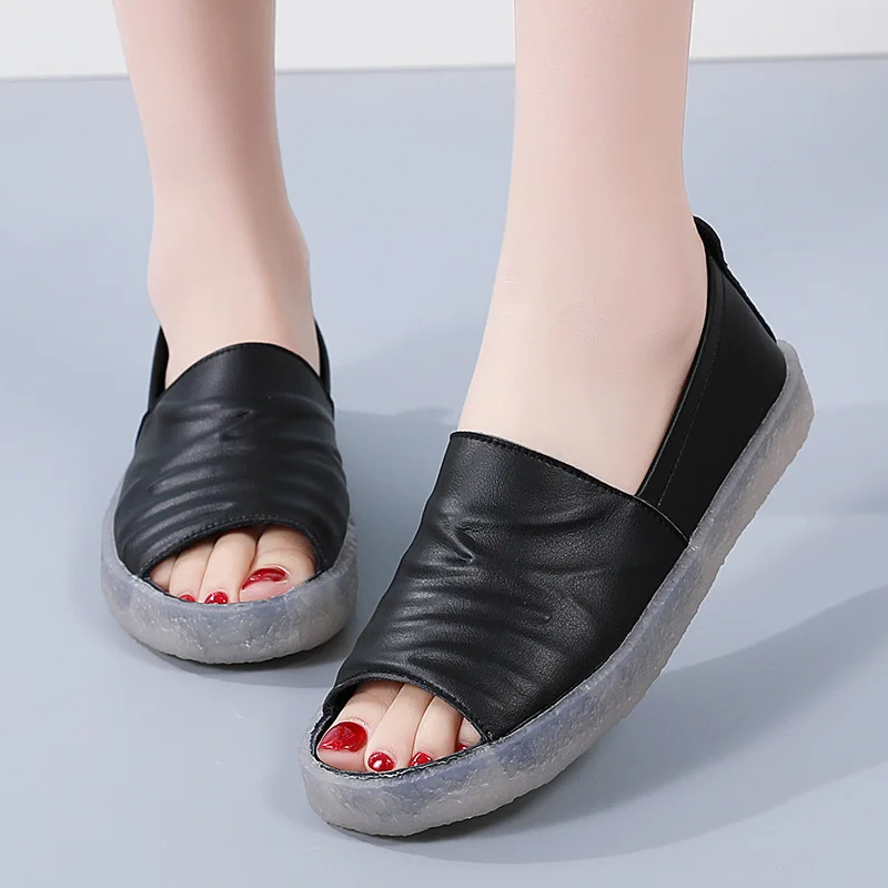 Summer new women's leather sandals - open toe, flat, soft sole, solid color - dropshipping available