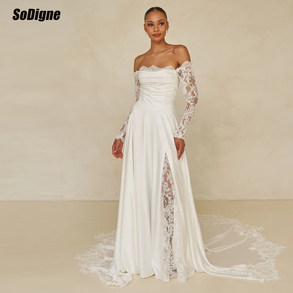 

﻿ Свадебные платья SoDigne А-силуэта из атласа/кружева с открытыми плечами и длинными рукавами, длинное свадебное платье, свадебное платье для невесты, vestidos de novia, на заказ