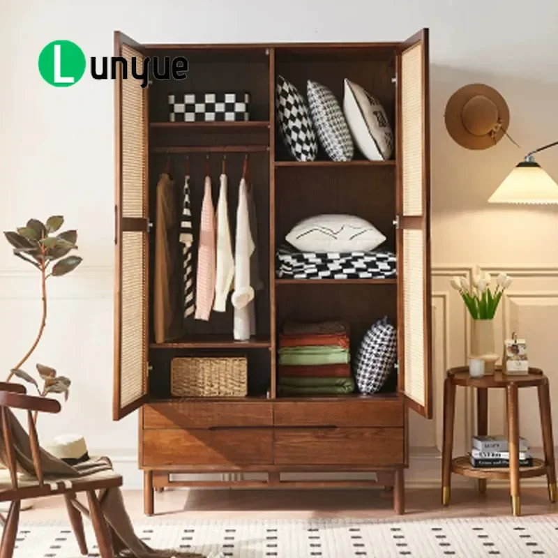 Rattan Two Door Wardrobe Retro Solid Wood Walnut Color Casement Bedroom Furniture Designer Storage Cabinet for Small