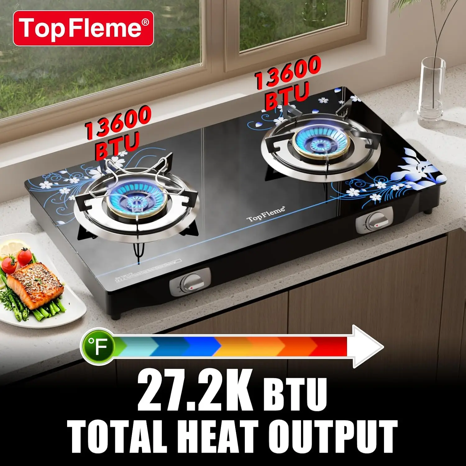 Propane Gas Stove Top, 2 Burner 27,200 BTU High Efficiency Cooktop with Tempered Glass, Auto Ignition, CSA Hose, Portable Outdoor Stove for RV Camping and Emergency Cooking