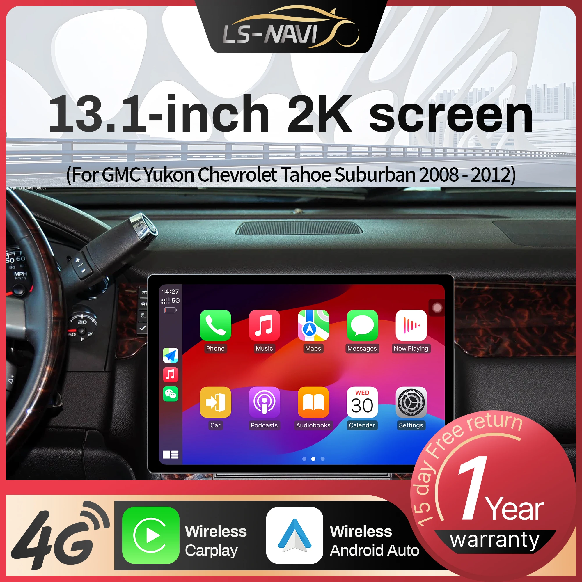 13,1 "Android para GMC Yukon Chevrolet Tahoe Suburban 2008-2012 Radio de coche inalámbrico Carplay GPS Multimedia pantalla QLED estéreo