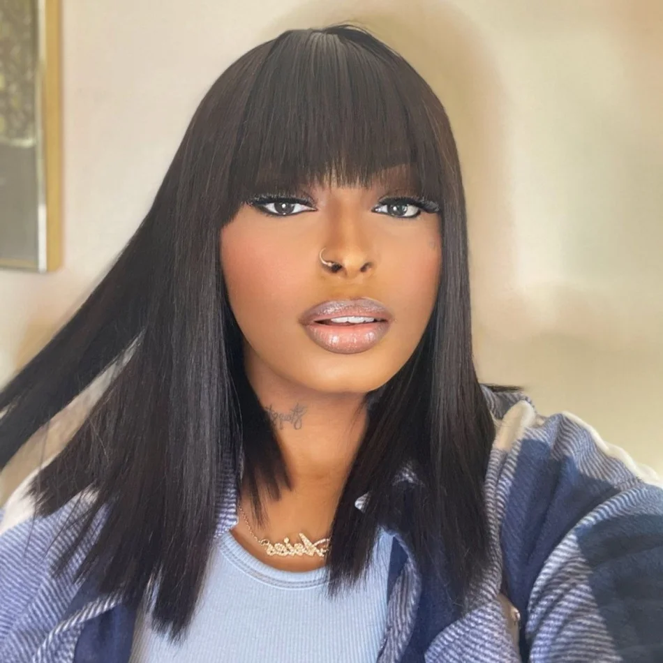 

Straight Human Hair Wigs With Bangs Bone Straight Wigs For Black Women 30 32Inch Brazilian Wigs 100% Human Hair Machine Made Wig