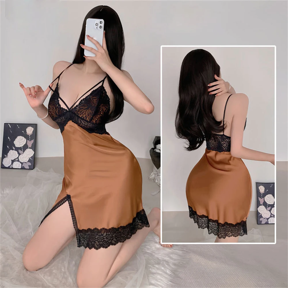 Gaun malam tali Spaghetti seksi, pakaian tidur Lingerie wanita, pakaian rumah, pakaian tidur tali Spaghetti seksi, Satin Trim renda, baju tidur terpisah, tanpa lengan