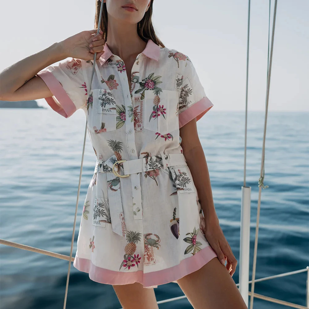 TWOTWINSTYLE Colorblock Spliced Pockets Rompers for Women Lapel Patchwork Single Breasted Printing Jumpsuit Female Clothing New