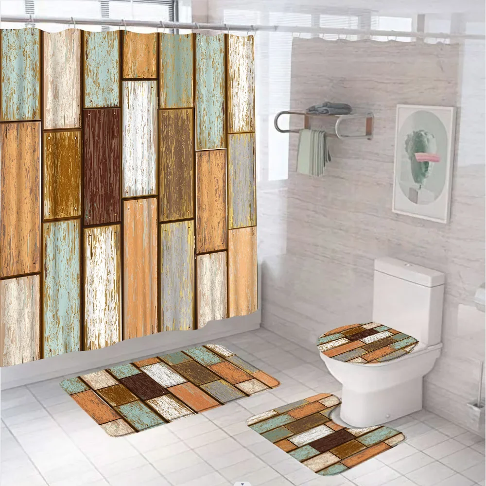 Vertical Lines Wooden Board Shower Curtain Sets Vintage Planks Fabric Bath Curtains Bathroom Mats Non Slip Rugs Lid Toilet Cover