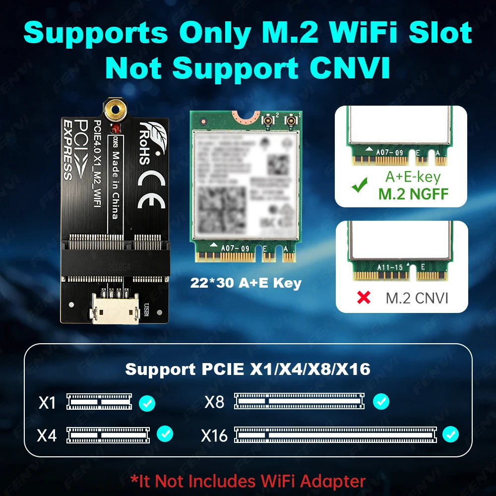 PCIE 4.0 X1 to M.2 WiFi Adapter NonBlocking Mini PCIE To NGFF Converter for A+E Key 2230 PCIe X1 X4 X8 X16 For AX210/AX200/BE200