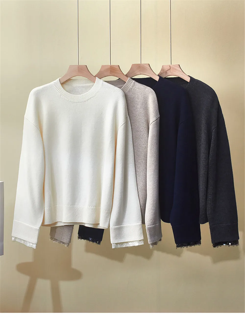 

Женский зимний новый свободный кашемировый вязаный пуловер с круглым вырезом и манжетами для тяжелой промышленности и пайетками